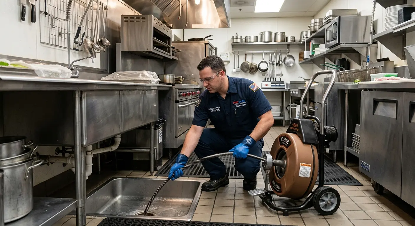 Commercial drain cleaning service in a restaurant kitchen in Mount Hope