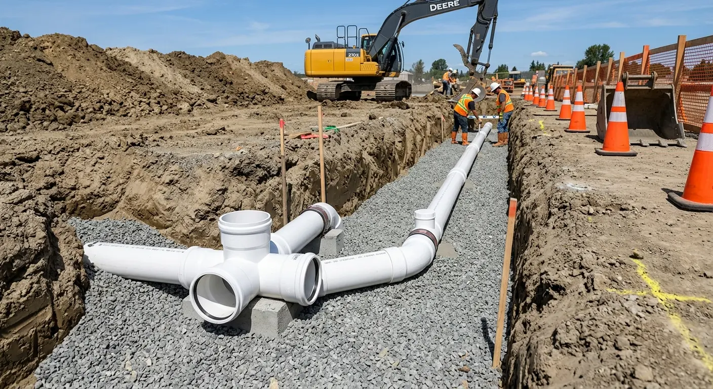 New PVC sewer pipe installation in open trench for Commercial Drain Cleaning in Mount Hope