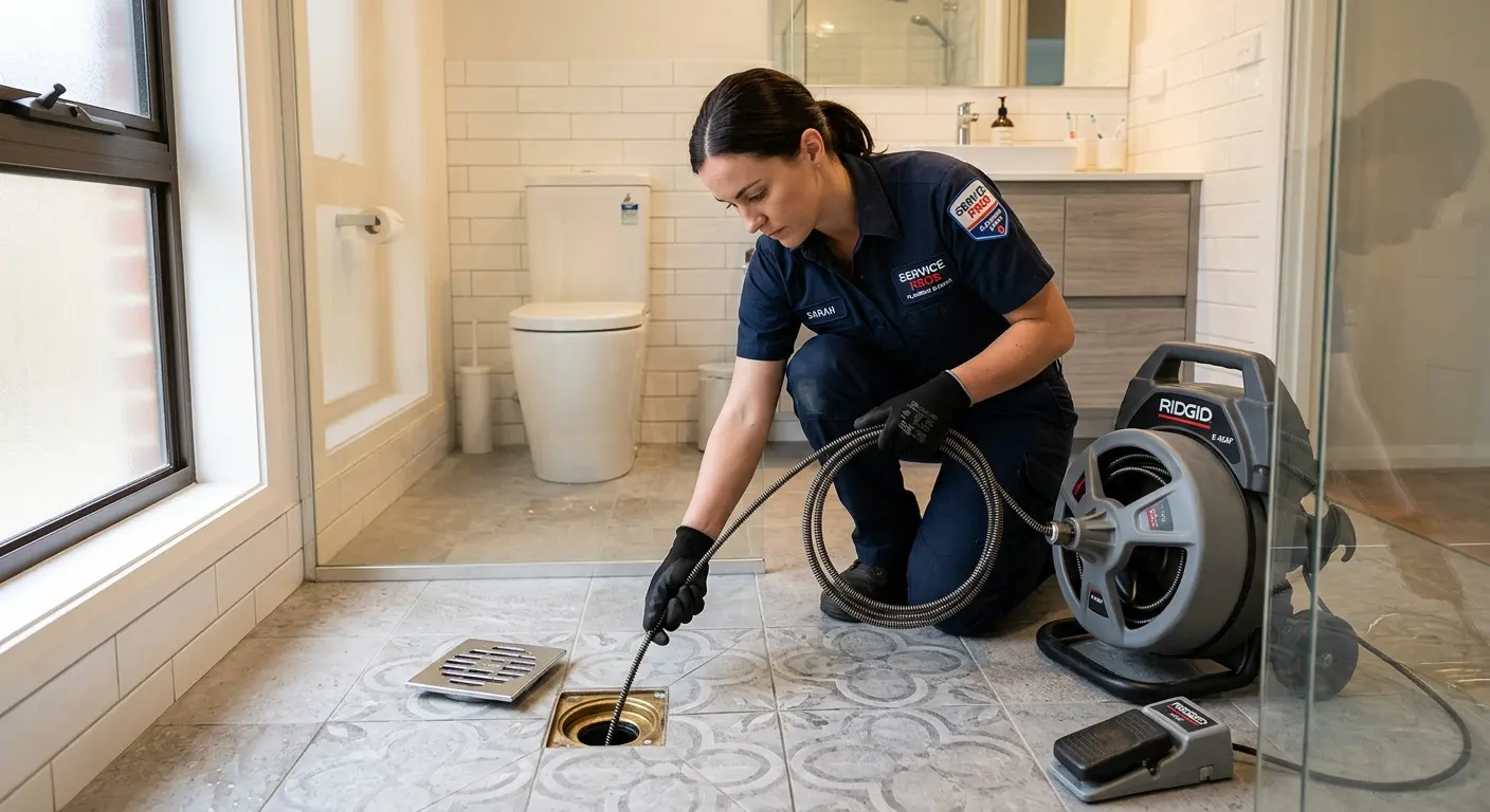 Technician clearing a bathroom floor drain for Clogged Drain Repair in Mount Hope